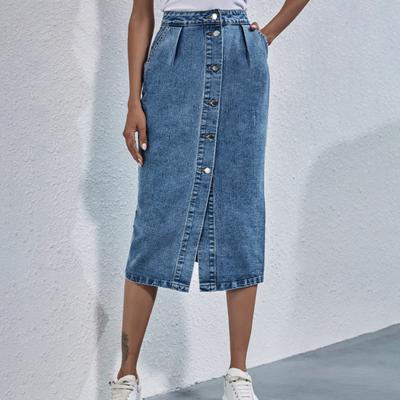 Hip Wrap Single Breasted Slant Pockets Front Split Pencil Skirt Fashion High