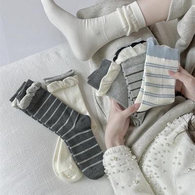 Female Summer Thin Style Trend Stripe Bubble Mouth Lace Breathable In The Tube Pile Socks