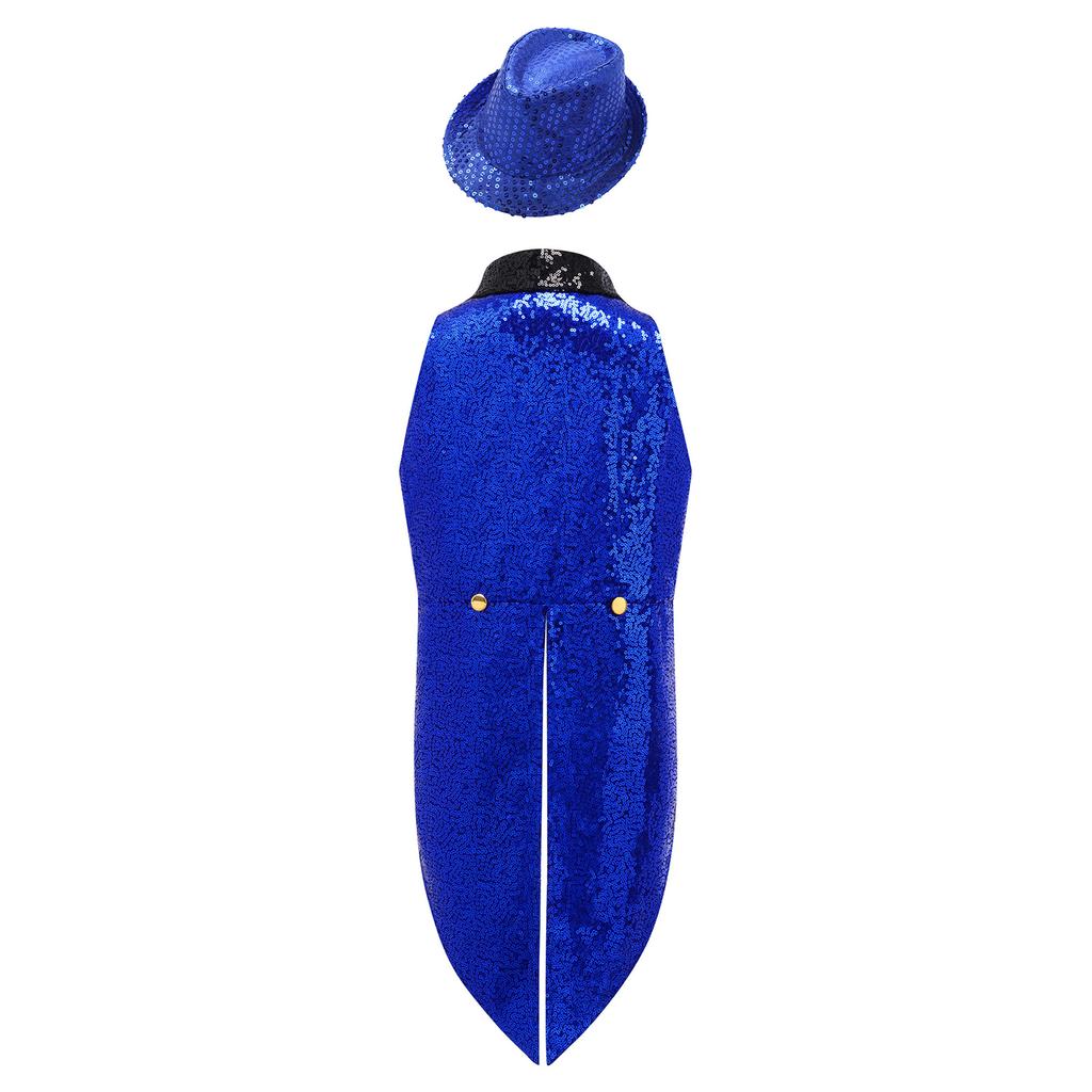 Kids Sequins Medieval Vest Victorian Tailcoat Lapel V Neck Front Zip Vest Solid Sequins Fedora Hat Circus Outfit