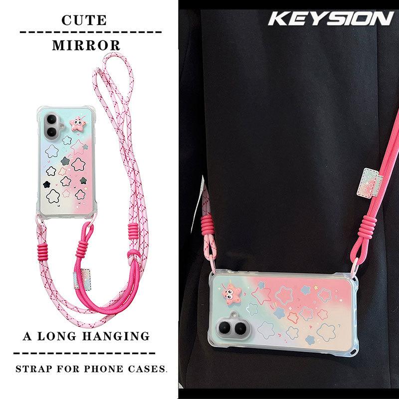 KEYSION Crossbody Strap Phone Case for Infinix Smart 10 Cute Cartoon Long Lanyard Mirror Shockproof Cover for TECNO Spark Go 2 Pop 10