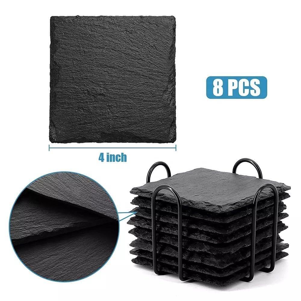 Pack of 8 Slate Coasters with Metal Holder,4 Inch Black Slate Stone Coasters,engraving with Anti-scratch for Drinks,coffee, Bar