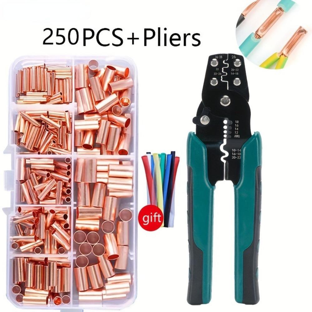 

Медный обжимной наконечник, термоусадочная трубка, материал красная медь, стыковка проводов, медная соединительная трубка, клещи для наконечников Copper tube+pliers