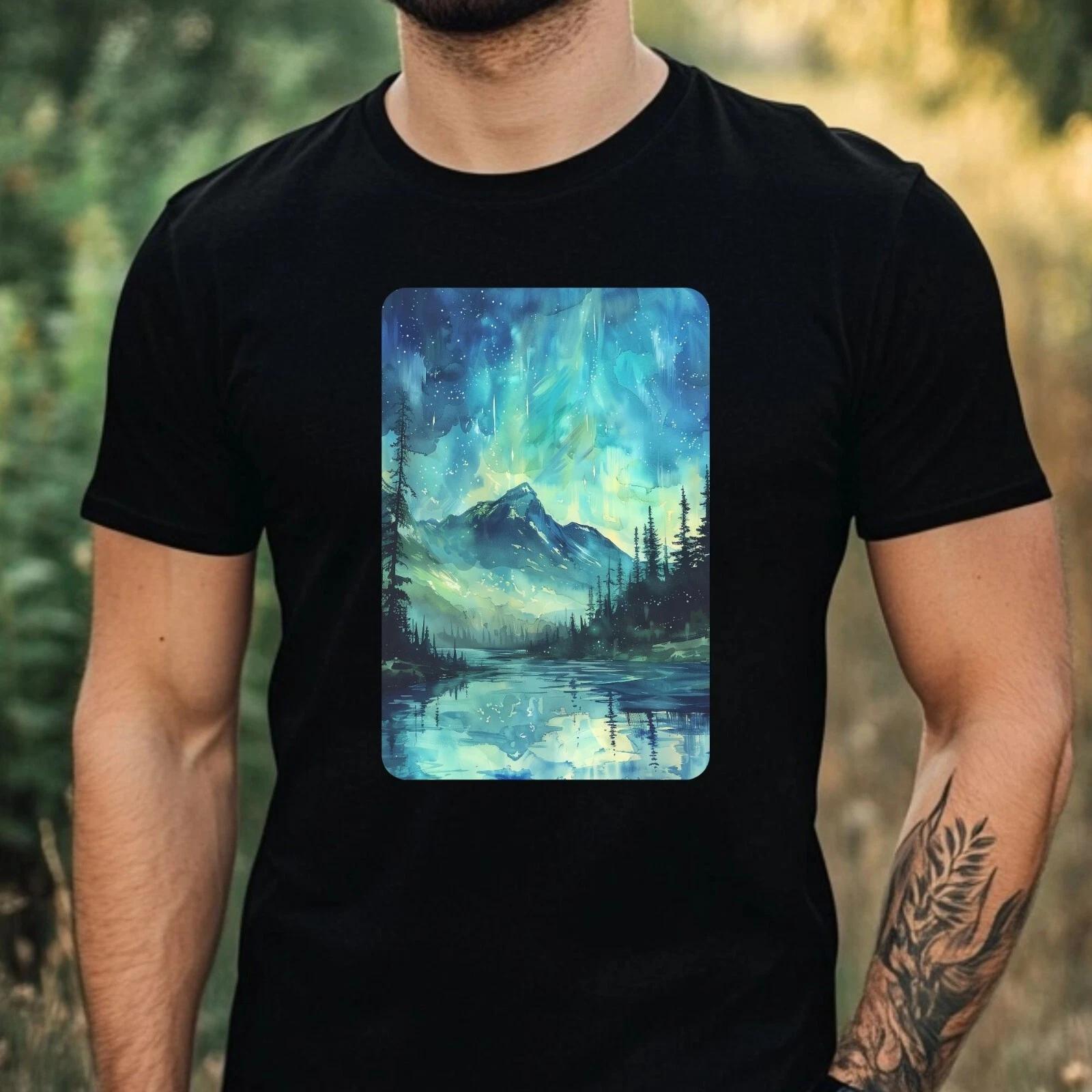 T-Shirt Herren Aquarell Nordlicht Motiv Baumwolle Größe XS bis 5XL L
