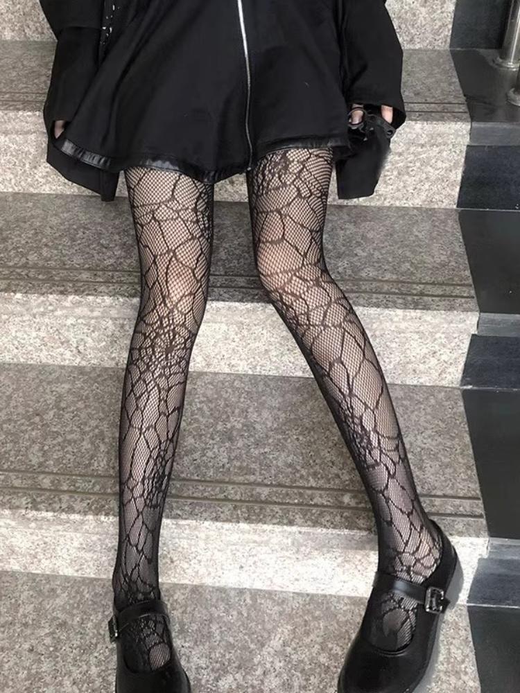 Gothic Punk Style Spicy Girls Fishnet Stockings for Women's Summer Sexy Hollow Out Spider Web Tights Black Transparent Pantyhose