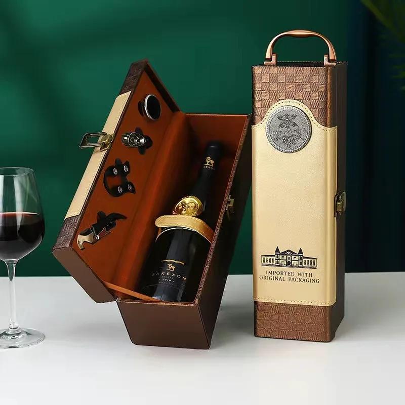 Classic PU Leather Single Red Wine Holder Luxury Ring Paper Cutter Seahorse Knife Pourer Wooden Packing Box Gift
