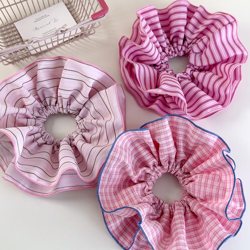 Pink Stripes Ruffles Hair Scrunchies Headbands for Women Girls Sweet Romance Hair Rope Tie Horsetail Rubber Band Headdress
