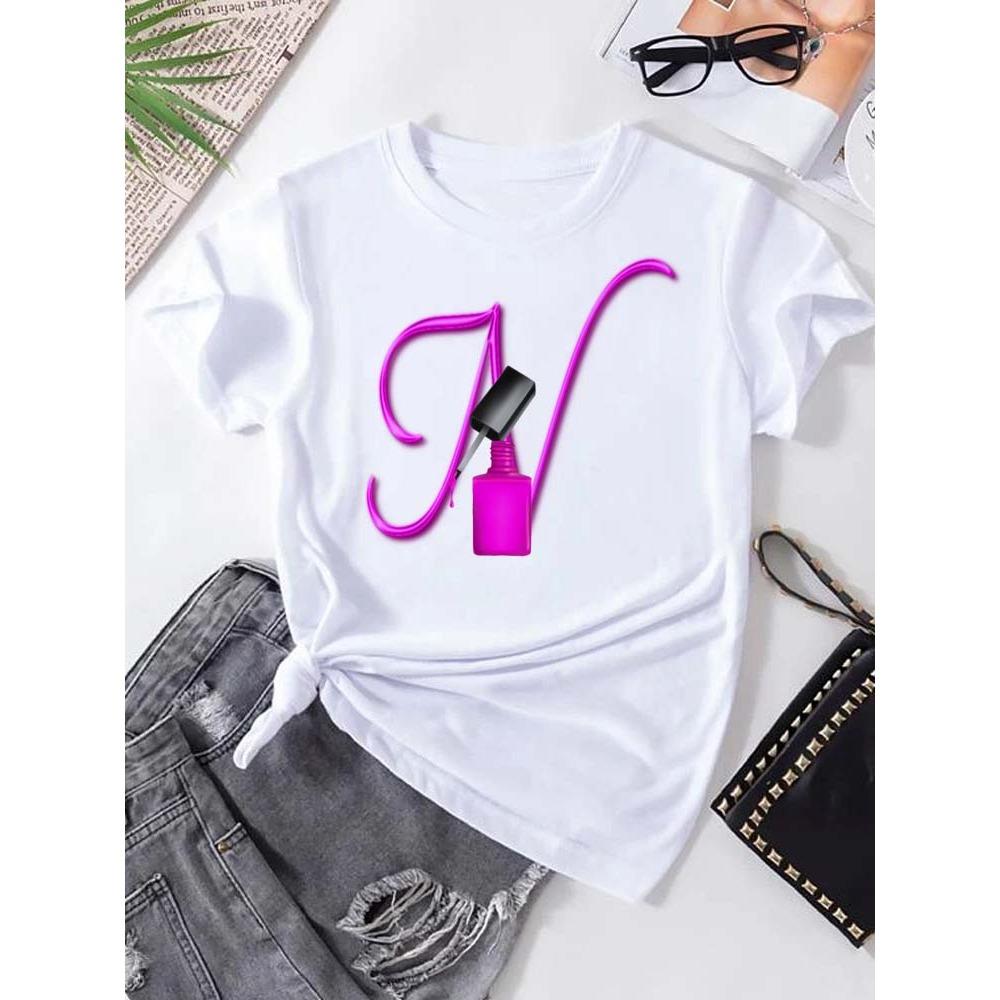 Letter combination fashion women's T-shirt nail polish letter font short sleeve top women's T-shirt