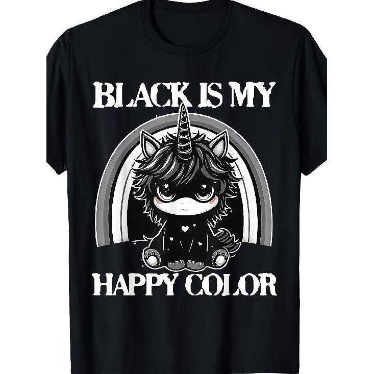Black Is My Happy Color Goth Girl Emo Gothic Unicorn T-Shirt - Soft Retro Graphic Tee with Rainbow & Unicorn Design, Edgy Casual Wear for Men &