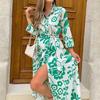 2026 Womens Floral Print A-Line Long Dress With Round Neck Single Button Detail High-Waisted Slim Fit Office