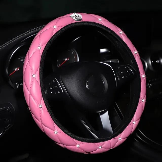 Künstliche Schaffell Druck Stereo Diamant-besetzte Krone Auto ohne Innenring Lenkradbezug für 14,5-15 Zoll 10Pink