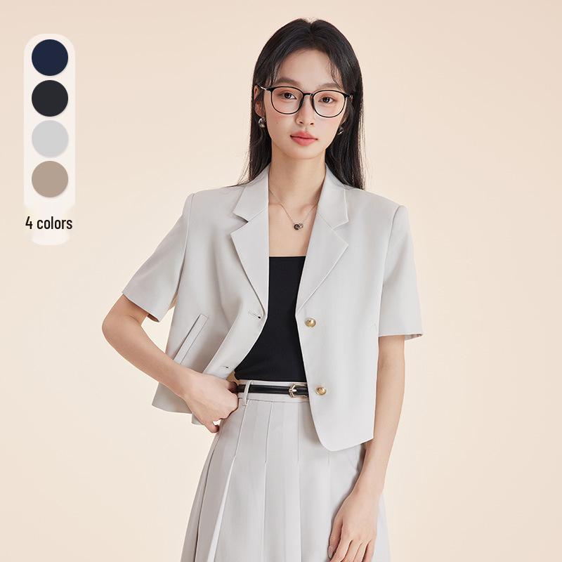 Beige Women's Slim Fit Short-Sleeve Suit Jacket - Petite 2025 Spring Collection