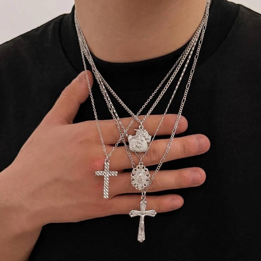 SHIXIN 4 Pcs/Set Hip Hop Punk Jesus Cross Pendant Necklace for Men Trendy Gold Color Adjustable Clavicle Chain Rock Jewelry Gift