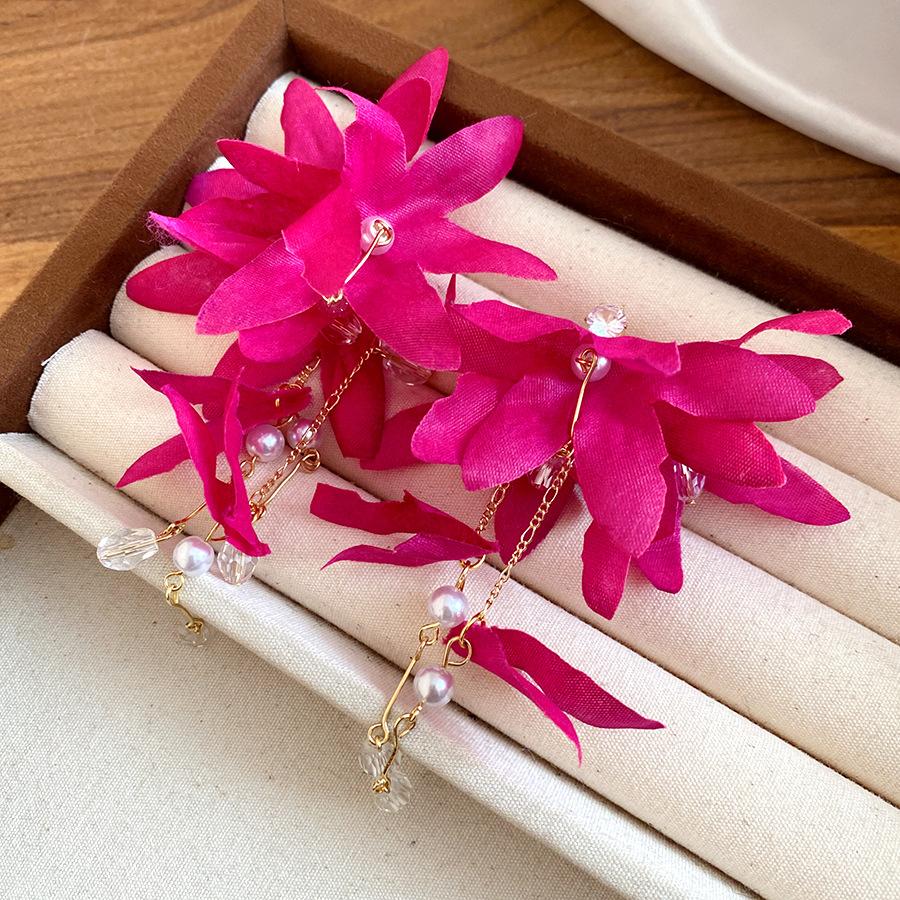 

Silver needle zircon fabric flower pearl fringed earrings holiday style fresh and sweet stud earrings niche high-end earrings