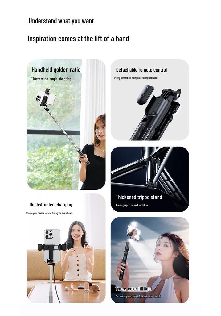 Z7 Portable 1.7m Handheld Selfie Stick Tripod with Fill Light for Live Streaming