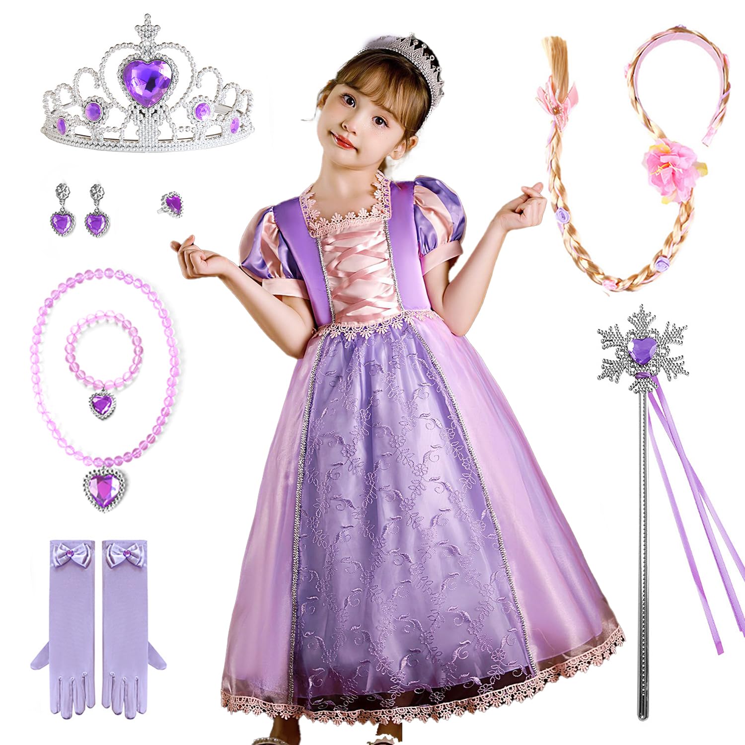

JIEAIRUI Rapunzel Princess Dress for Halloween Costume for Perfect for and Includes 8 Accessories Kids, Girls, Parties, Birthdays, Christmas,