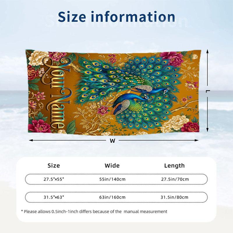 Peacock Floral Artwork Theme Quick Dry Beach Towel Custom Name Text Print Large Sand Resistant Towel Beach Vacation