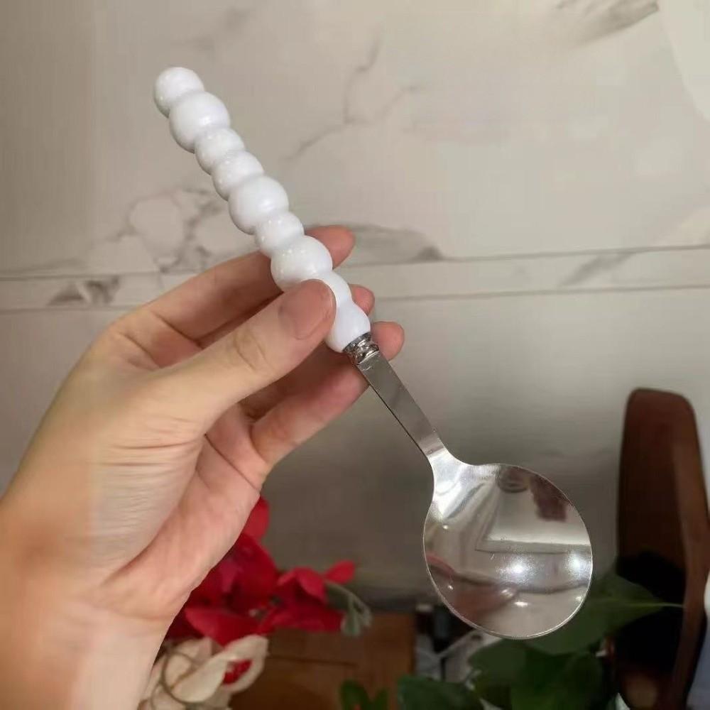 New Stainless Steel Pearl Handle Spoon Five-color Imitation Ceramic Stirring Spoons Long Handled Dessert Spoon Household