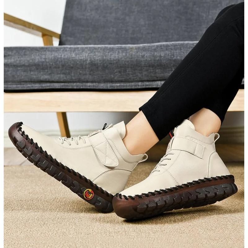 

Winter Fleece Lined Warm Boots Women s British Style Fashionable Versatile Velcro HighFlat Shoes 34EU/CN35 бежевый