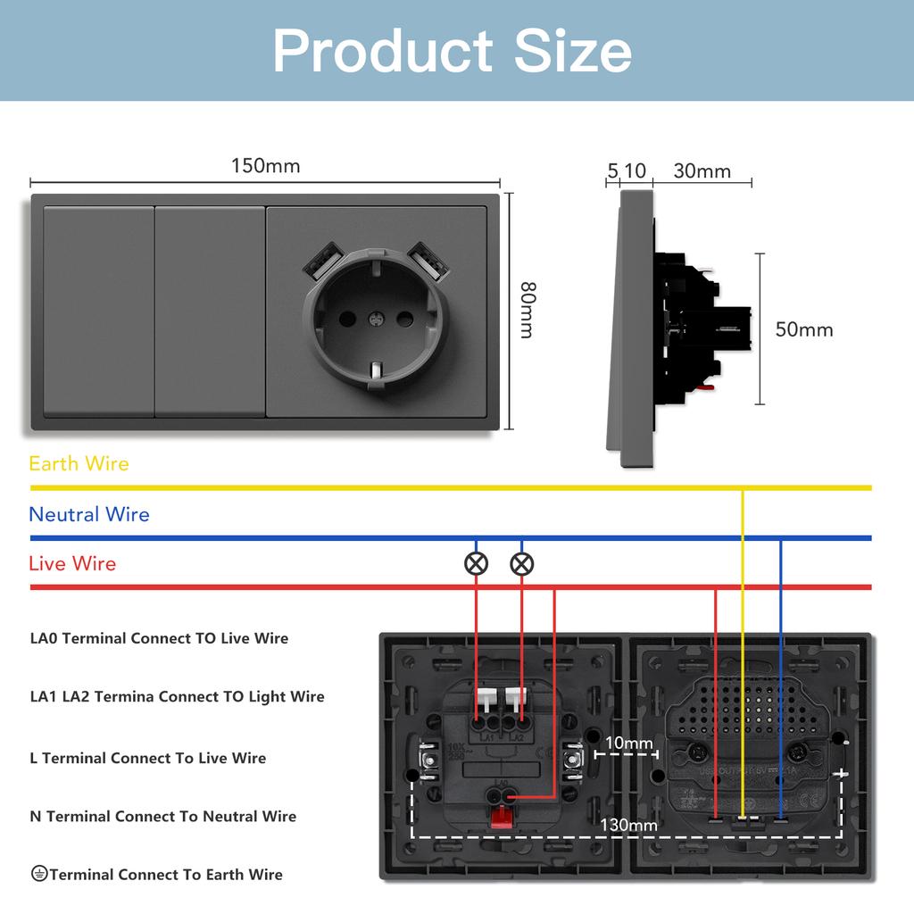 BSEED Mechanical 1/2/Gang Wall Light Switch 1Way With EU Sockets Power USB Power Outlets Plastic Panel No Led Lights Gray Series