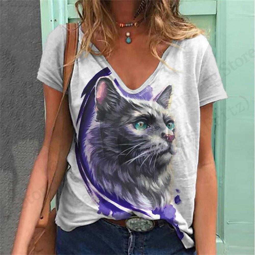 Summer V-neck 3D Cat Pattern Printed Top Fashionable Casual Short Sleeved Women's T-shirts