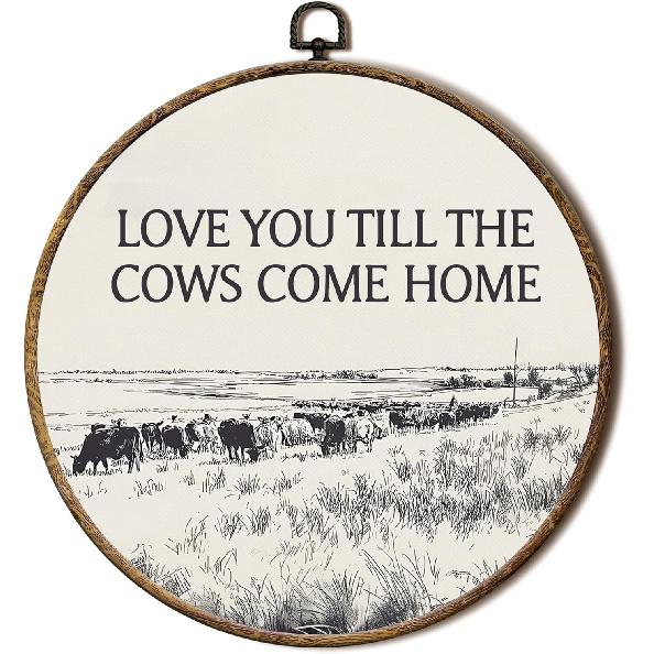 FSTCSV Vintage Western Cow Oval Wall Art Framed, Western Cowboy Cows Canvas Prints Wall Hanging Art, Love You Till The Cows Come Home Oval Walls
