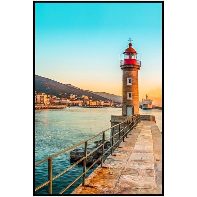 Bellissimo Paesaggio di Città Costiera Tramonto Crepuscolo Cavalletto Faro Poster Pittura su Tela Per Soggiorno Casa Arte Decorazione Moderna