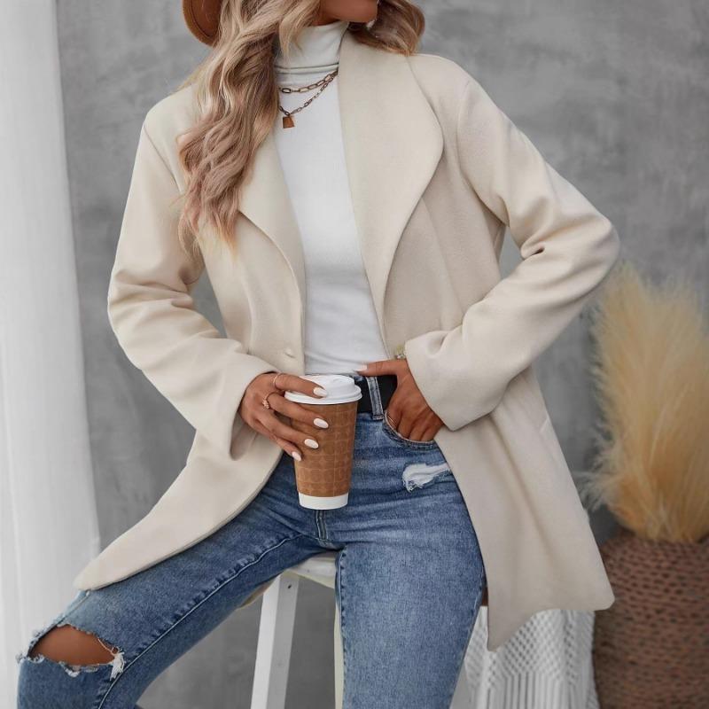 Women Solid Color Turn Down Collar Long Sleeve Woolen Winter Coat Outerwear