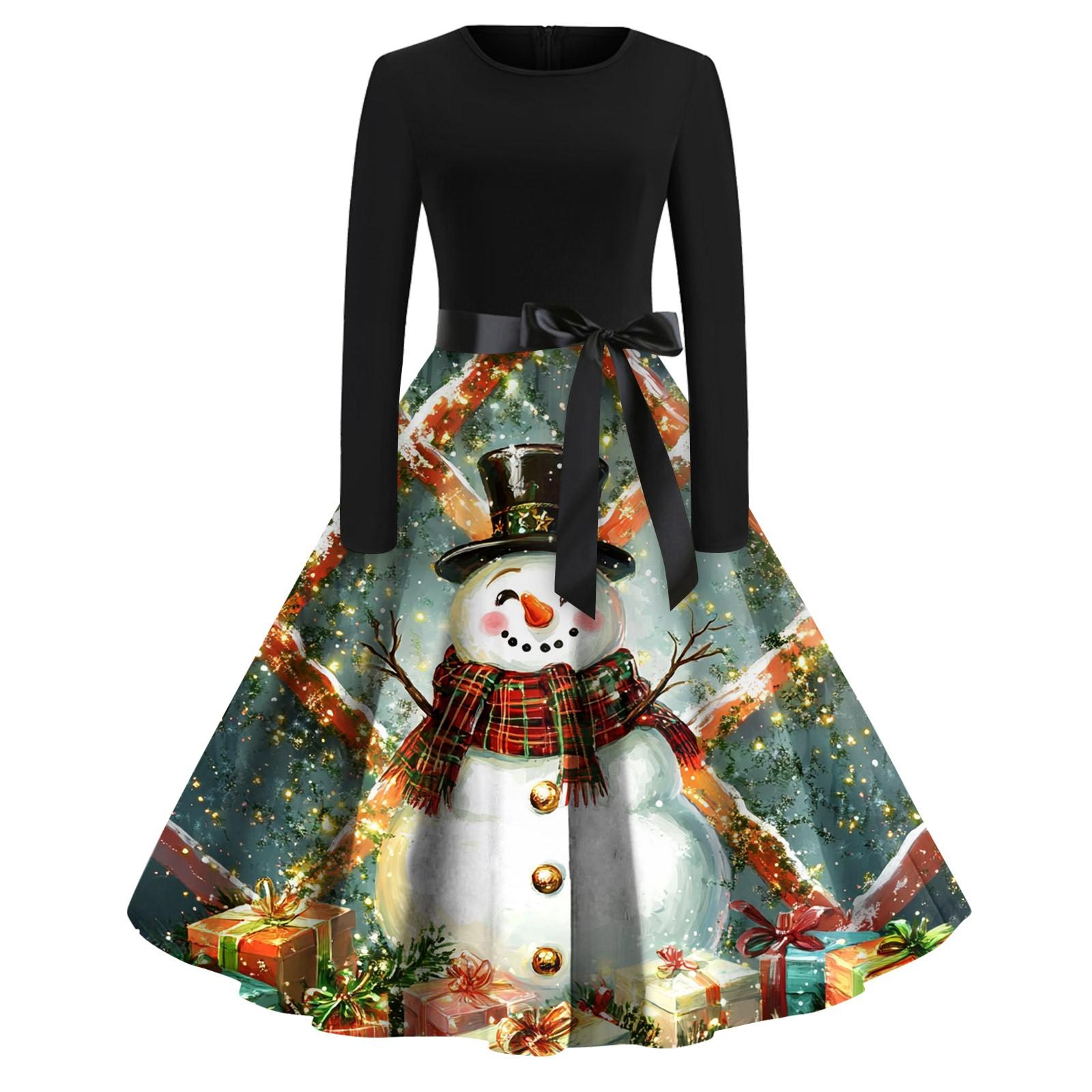 

Женское модное винтажное платье с длинным рукавом и круглым вырезом с рождественским принтом XXXL зелёный