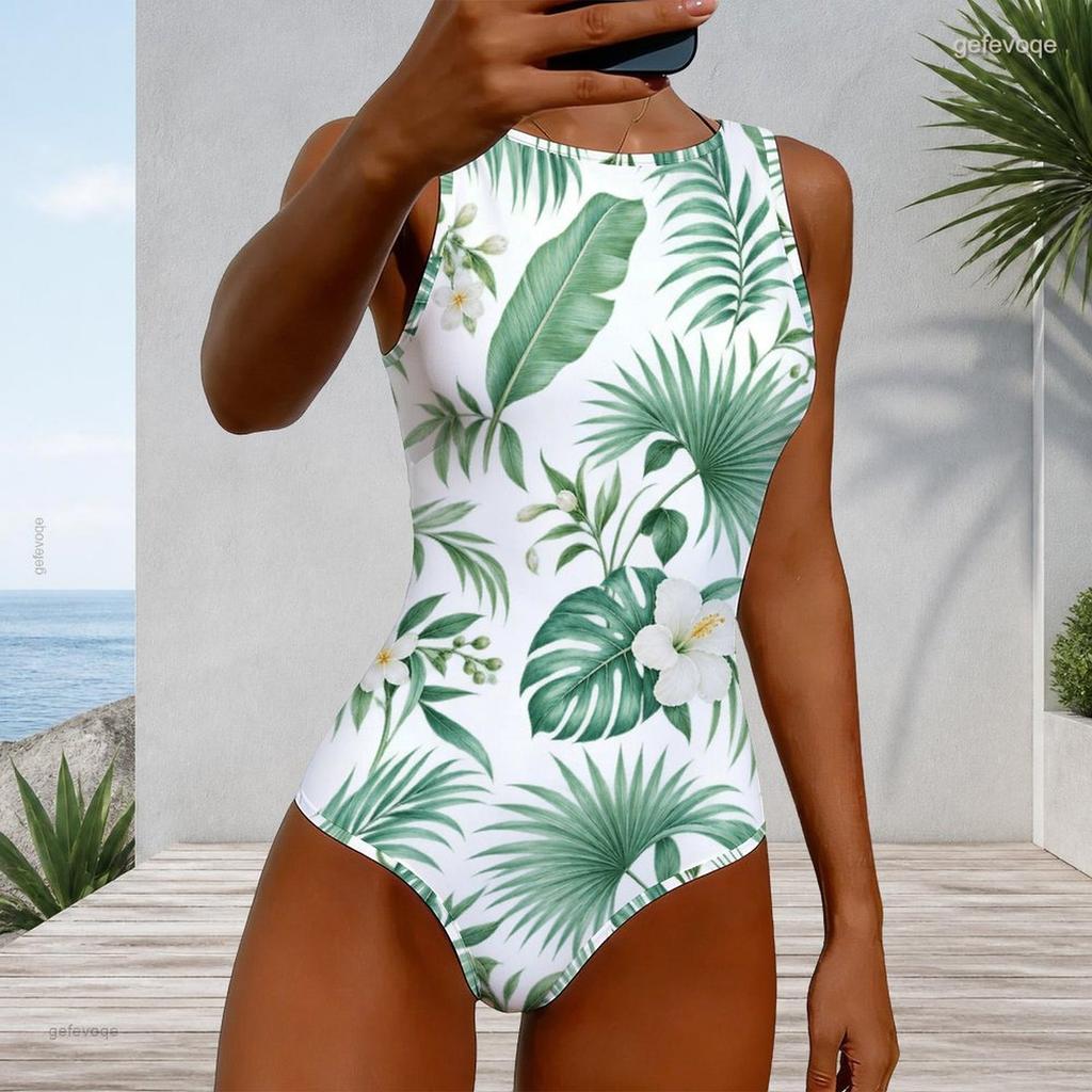 Women Plus Size High Round Neck Sleeveless One Piece Swimsuit White Tropical Leaf Floral Printed