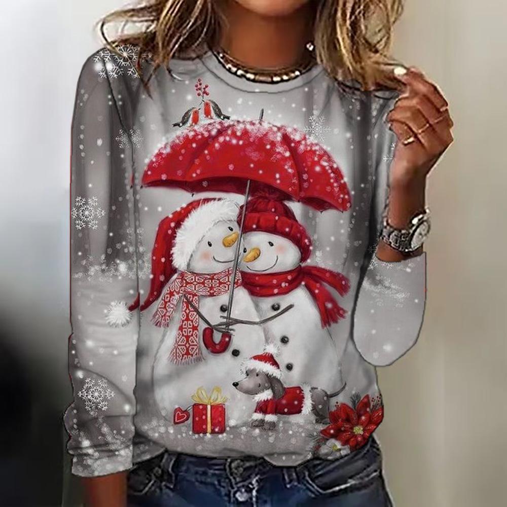 Winter New Christmas Women Autumn T-Shirts O-Neck Long Sleeve Snowman Print Tops Fashion Casual Loose Office Ladies T-Shirts