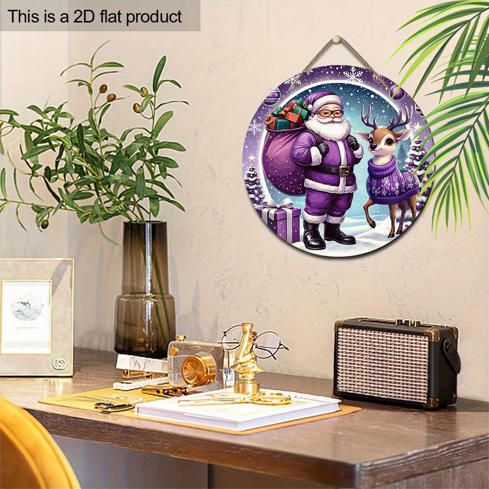 Purple Christmas Wooden Sign with Santa Claus & Elk Pattern, Winter Christmas Round Sign for Front Door Wall Hanging Decor, Ideal Christmas Gift