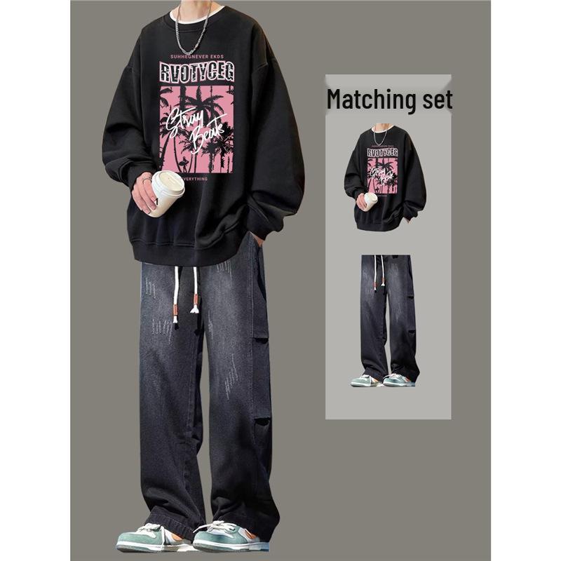 Boys' Trendy Loose Round Neck Sweatshirt & Jeans Set - Cool Casual Two-Piece Outfit for Spring & Autumn