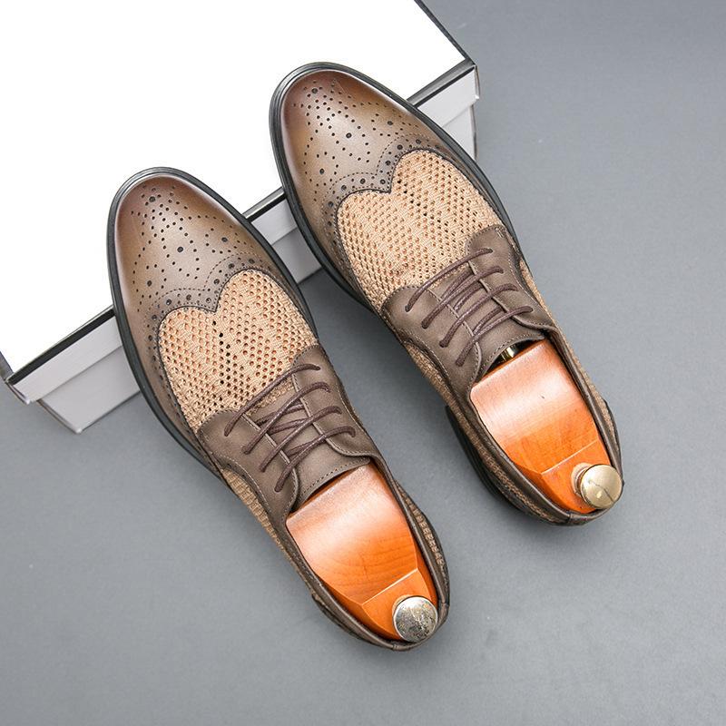 Men's Summer Mesh Leather Brogue Shoes: Casual, Business, British Style, Lace-Up, Wedding-Ready