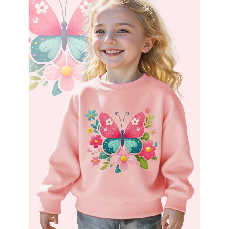 Kids Sweatshirt Butterfly with Flowers Illustration Print Long Sleeve Crewneck Sweatshirt - Soft Casual Pullover Top , Fall Winter Clothing