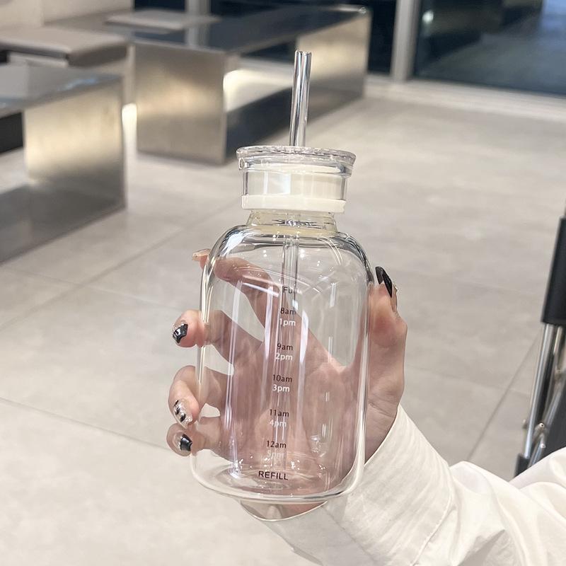 Double-Lid High Borosilicate Glass Travel Cup with Leather Sleeve