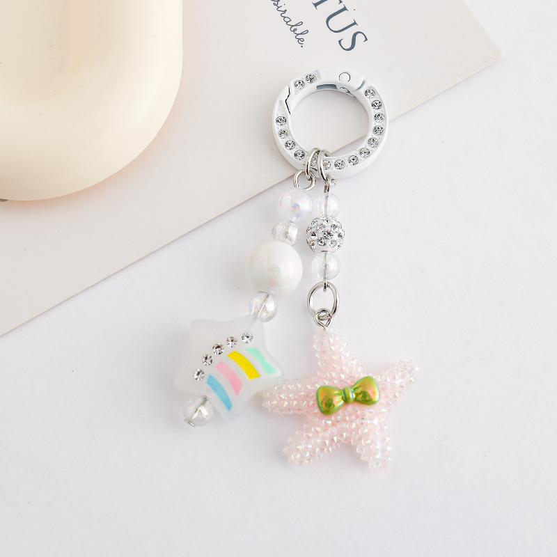 Starfish Beaded Keychain Imitation Pearl Acrylic Pentagram Keyring Girls Earphone Case Phone Decor Ornaments