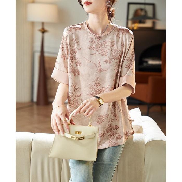 

2025 summer new foreign style age-reducing short-sleeved foreign style age-reducing five-point-sleeved national style printed chiffon shirt XL