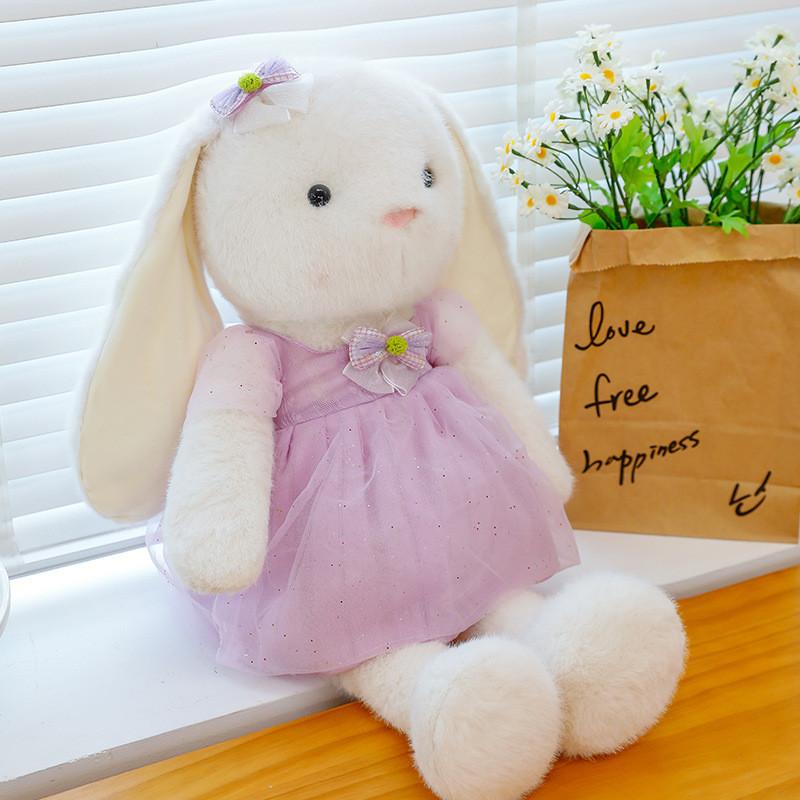 Plush Bunny Doll With Long Ears And Dress And Bow Designfor Kids Gift And Decoration