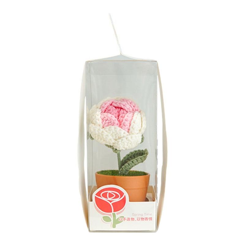 

Handmade Woven Flower Potted Artificial Knitted Crochet Tulips Plant Ornaments DIY Material Home Desktop Wedding Decor