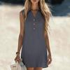 Women's Color Button Down Collar Sleeveless Loose Fit Beach Casual Dress for Summer