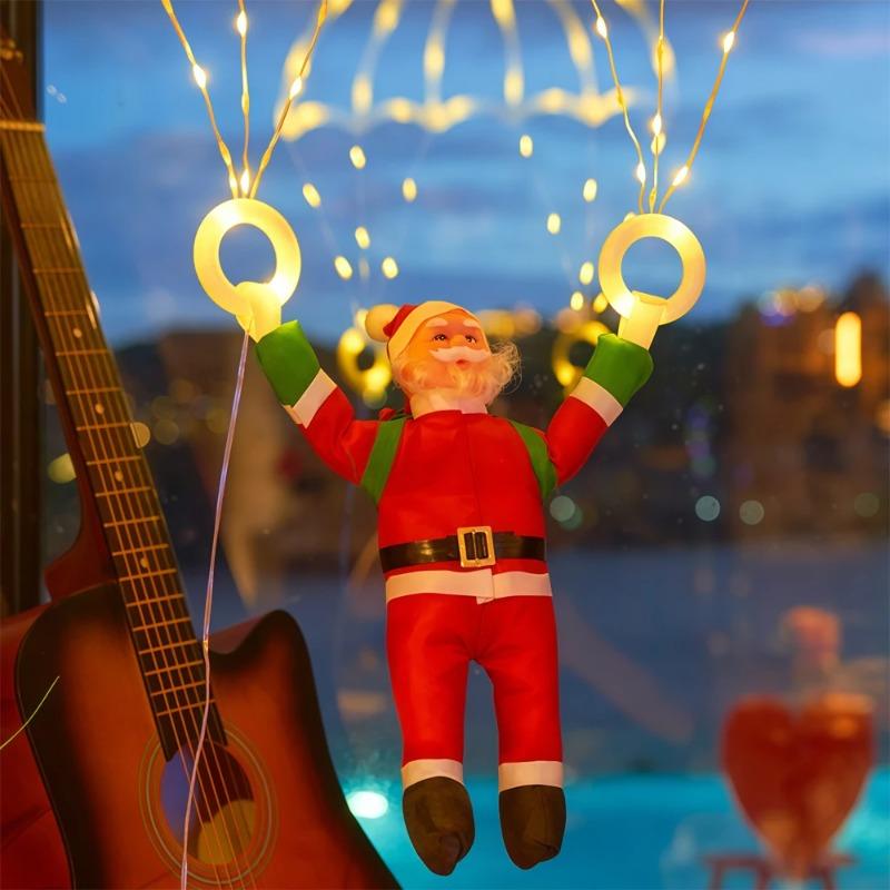LED Christmas Parachute Light with Santa Claus Hanging Xmas Lamp for Outdoor Roof Balcony Porch Fence Tree Home Holiday Party Decor Ornaments