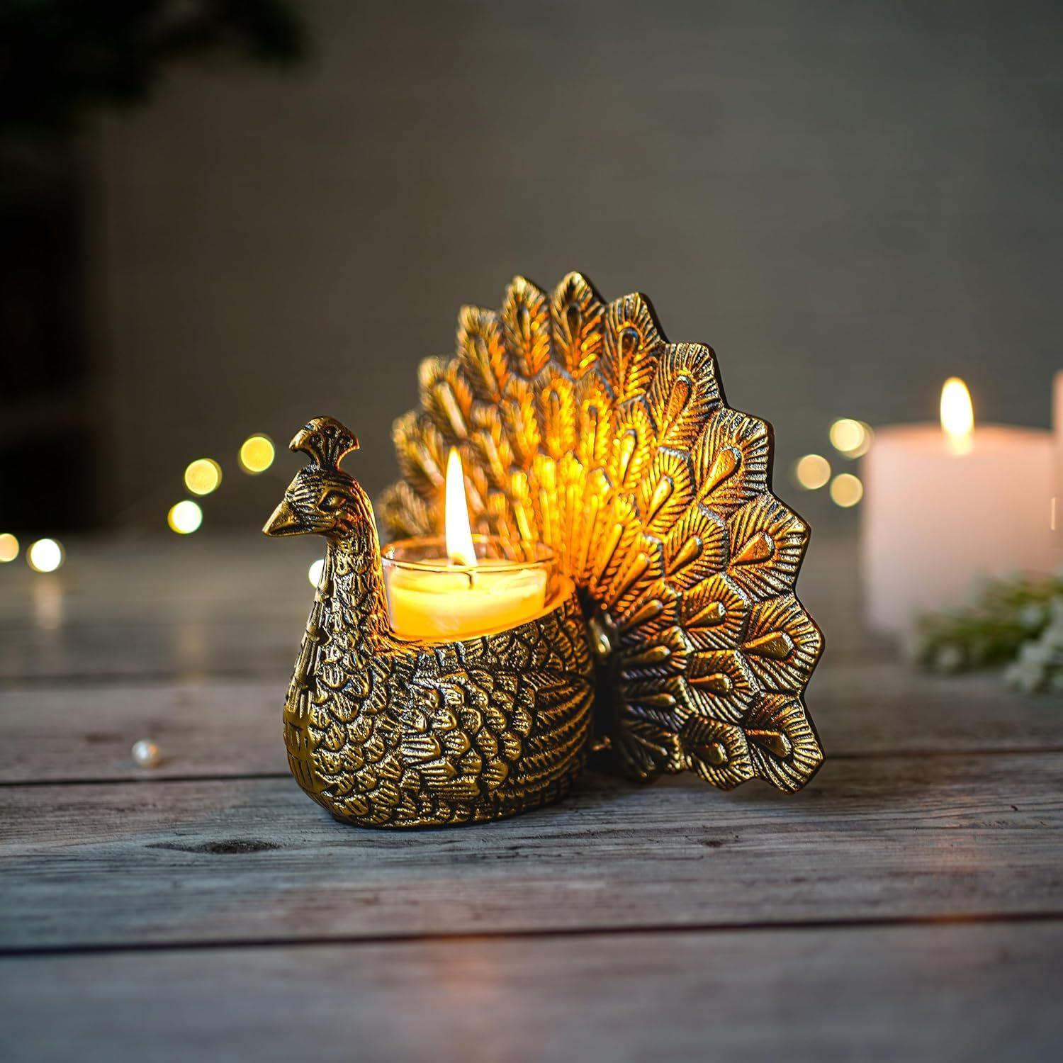 

Metal Peacock Candle Holder & Candle Combo Gift Hamper, Festive Gifting Showpiece For Valentine S Day, Anniversary
