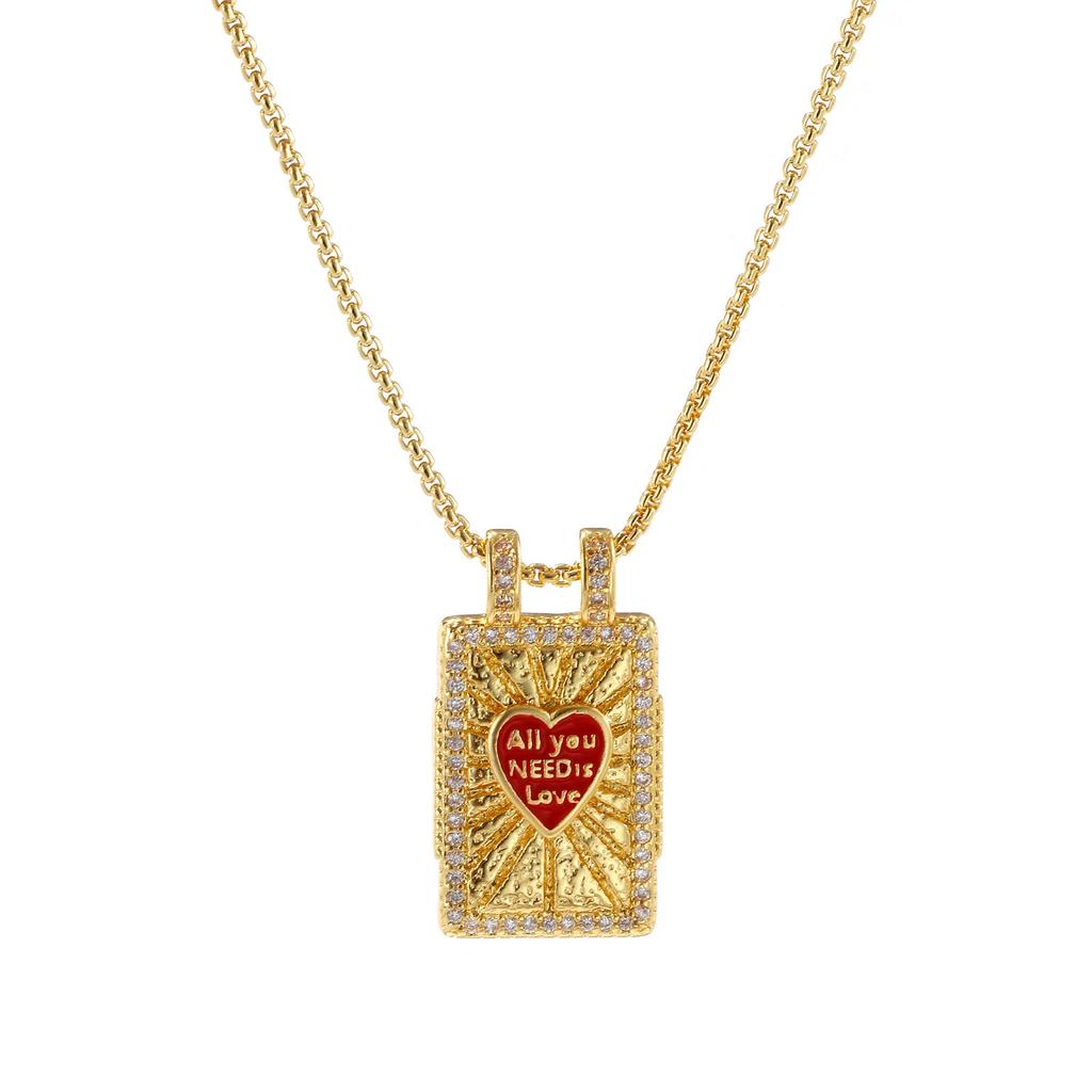1pc Enamel Heart Pendant Necklace 18K Gold Plated Multicolor Brass Link Cable Chain Rectangle Charm Necklace 45cm + 5cm Long
