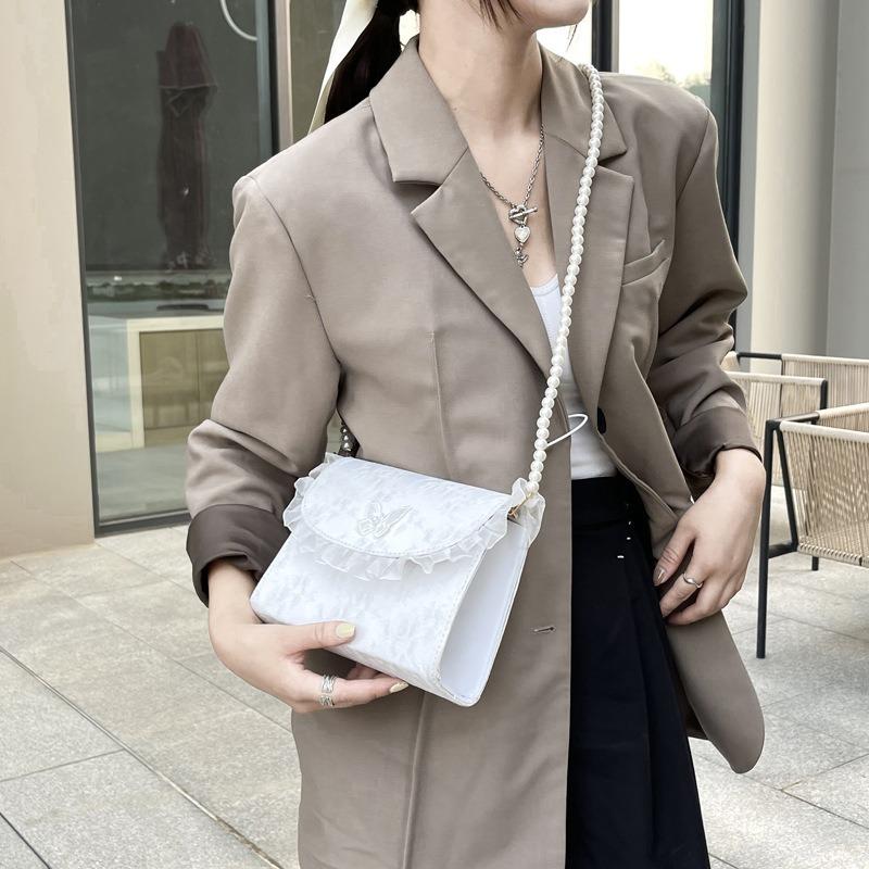 Sweet Wind Lace Oblique Span Small Bag Fashionable Small Fresh Popular Pearl Chain Shoulder Bag