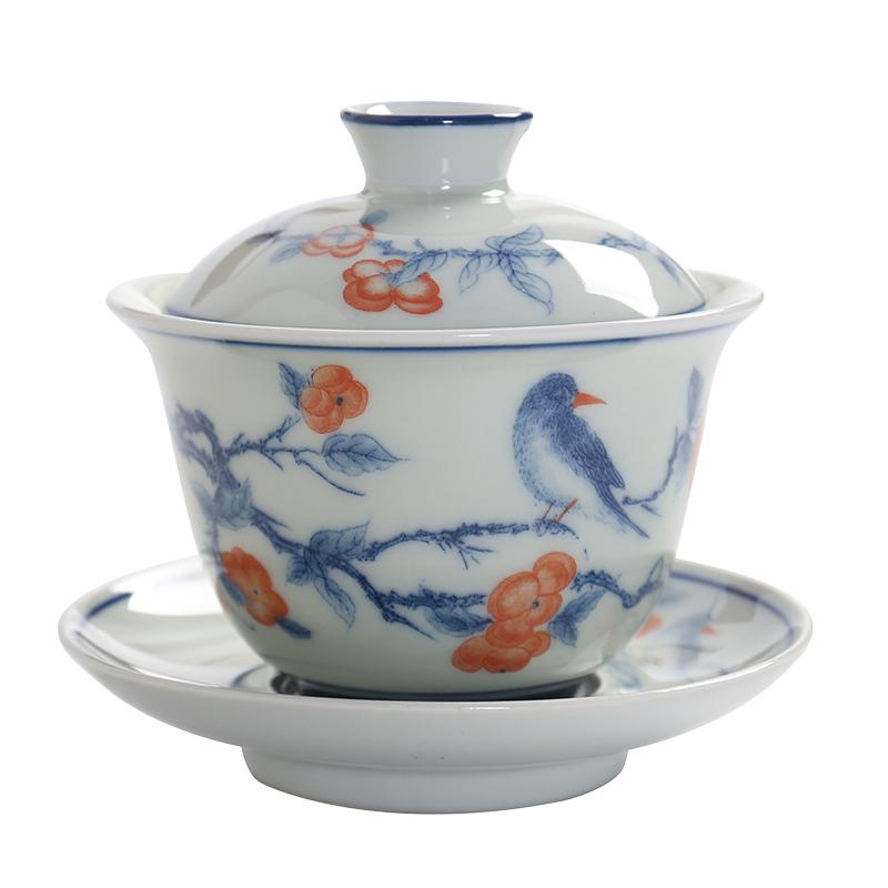 Ceramic Single Lid Bowl, Large Capacity Chinese Blue and White Three Piece Cover Bowl, Retro Tea Maker, Tea Cup