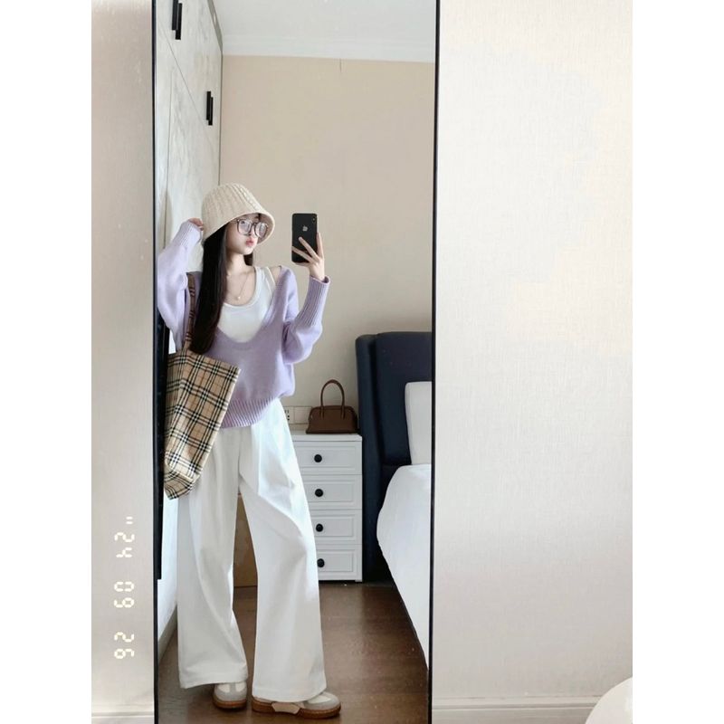 Kumikumi Sweet Style Age-Reducing Knit Women Autumn Short Pullover Sweater White Inner Wear Vest Two-piece Set