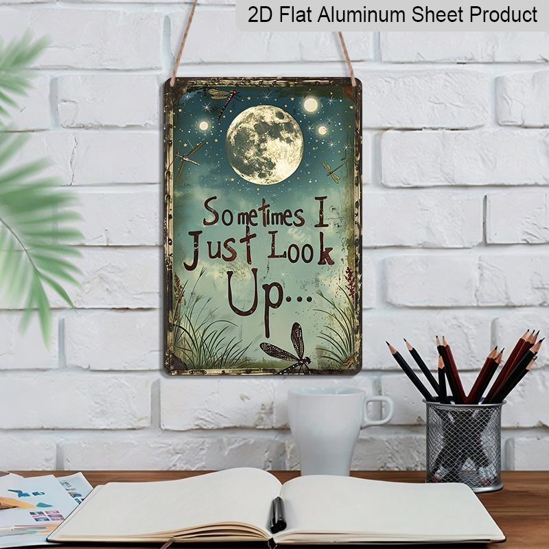 2D Flat Vintage Aluminum Dragonfly & Moon Sign with "Sometimes I Just Look Up" Quote - Rustic Farmhouse Wall Decor - Dark Blue Night Sky