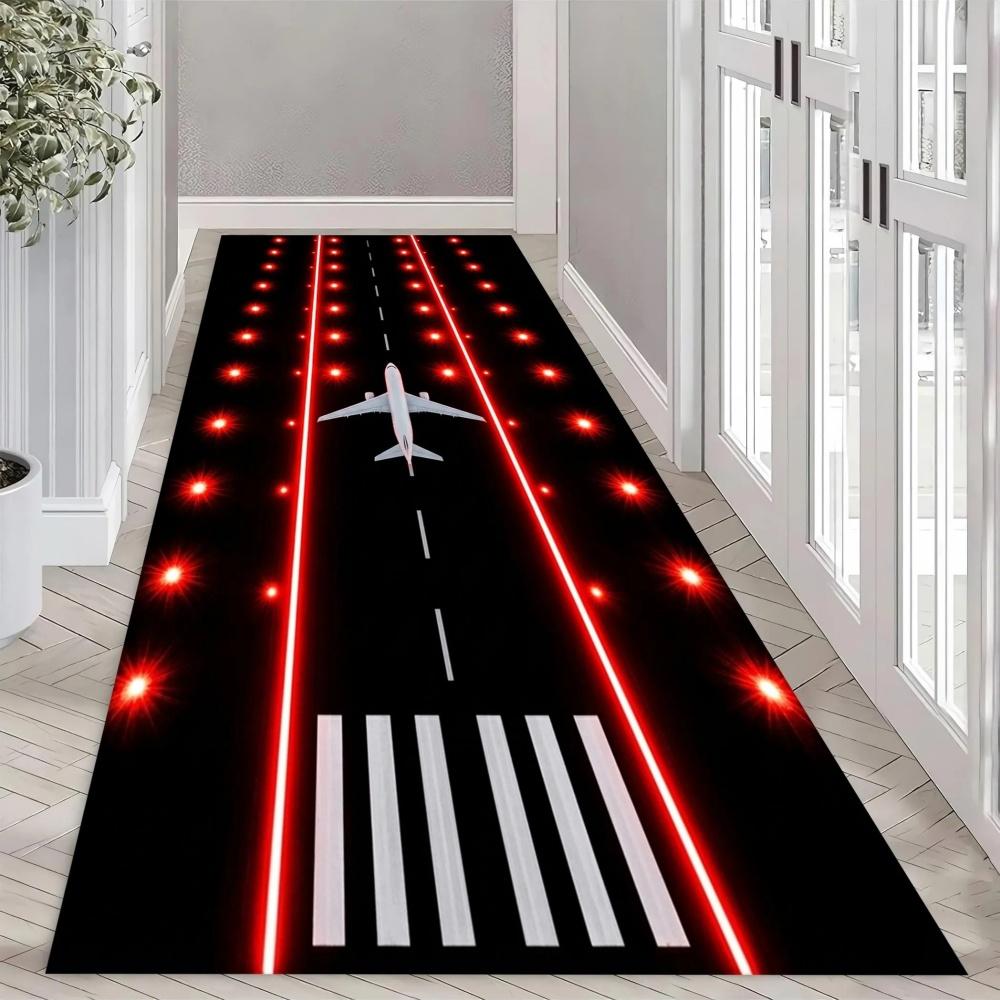 Alfombra Runner Larga para Pista de Aeropuerto, Antideslizante, Lavable, Alfombrilla de Cocina, Base Negra con Gráfico de Avión, Alfombra para Pasillo, Recibidor