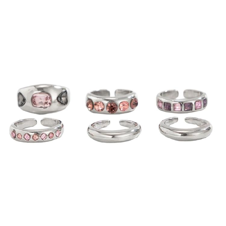 Pack of 6 Adjustable Stackable Rings Featuring Pink Gemstones for Comfort Fit and Multiple Fashion Combinations
