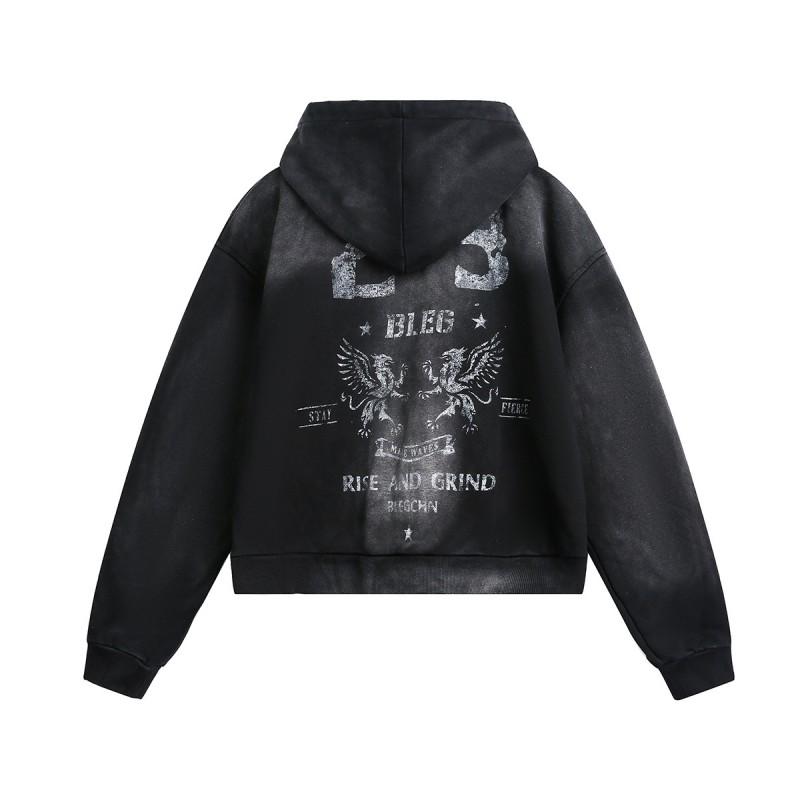 Mens Oversized Hooded Zip-Up Sweatshirt With Abstract Print Vintage Americana Streetwear Washed Cotton Blend Loose Fit